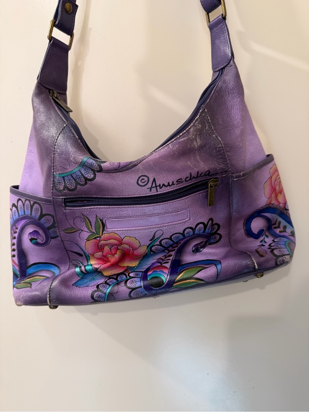 Anuschka Lavender Hand-Painted Floral Leather Shoulder Bag